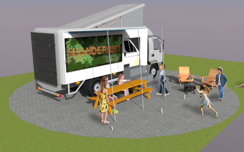 The outside of Wanderlust is made into a campsite to stimulate the immersion. Visitors enter in the second cockpit behind the real cockpit of the truck.